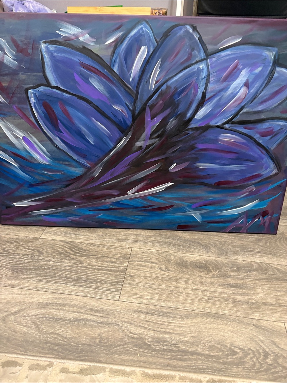 Contemporary Blue & Purple Floral Canvas Painting - Unbranded